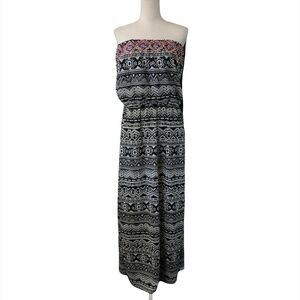 XHILARATION Maxi Dress Womens Size Large Black Aztec Embroidery Strapless Summer